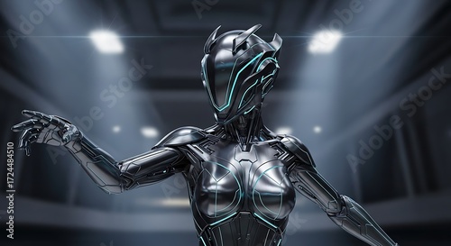 A futuristic metallic robot woman, elegantly designed with intricate details, extends a hand in a dynamic pose against a modern interior.