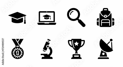 Education Icons: A collection of essential education icons in a sleek, modern style, symbolizing knowledge and learning. Perfect for educational resources, websites, and presentations.