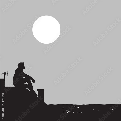 Silhouette of a man sitting on a rooftop, gazing at the bright sun over a cityscape