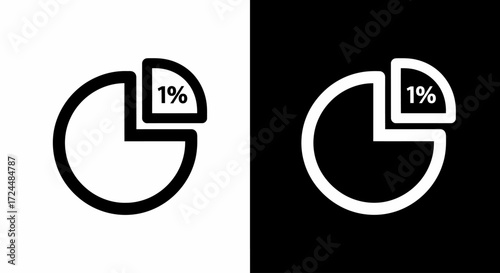 Pie Chart Representation: A minimalist pie chart visually represents a one percent slice of data on contrasting backgrounds, embodying concepts of analysis, statistical, business growth.