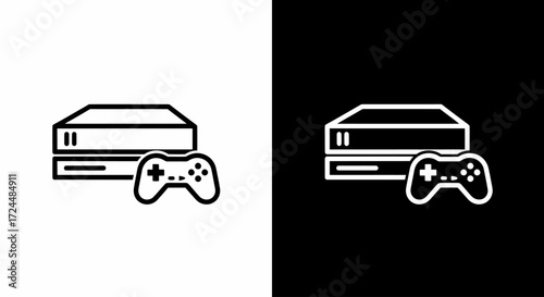 Gaming Console Icon: A sleek, minimalist icon depicts a gaming console alongside a gamepad, perfect for illustrating entertainment and digital interaction.