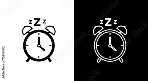 Alarm Clock Icon: A classic alarm clock, designed in a minimal, high-contrast style, the timekeeping symbol epitomizes routine and the call to awaken. 