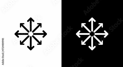 Arrow expansion symbol in contrast: A minimalistic arrow design, symbolizing growth and expansion, presented in both black on a white background and white on a black background.