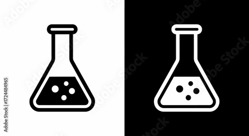 Flask Icon in Dual Tone: Two contrasting icons depict a flask with bubbles, symbolizing scientific experimentation and laboratory analysis, in sleek black and white designs.