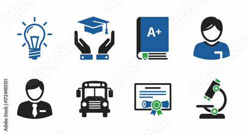 Education Icon Set: a collection of diverse icons symbolizing education, encompassing a lightbulb, graduation cap, book, person, school bus, certificate, and microscope. This set embodies knowledge.