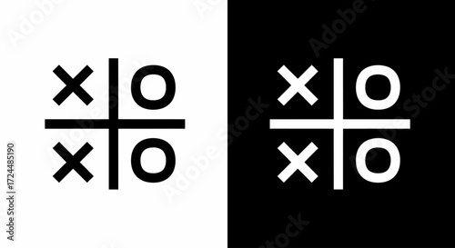 Tic Tac Toe Game Icons: A minimalist design depicts the classic Tic-Tac-Toe game icons in both black and white versions, set against contrasting backgrounds.