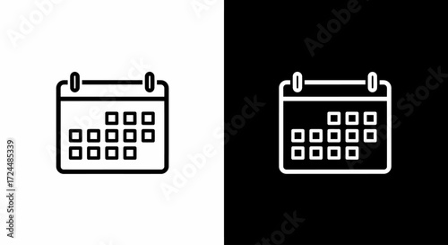 Calendar Icon: Simple and minimalist calendar icon on black and white backgrounds representing time and scheduling. Suitable for design elements, time management apps, and planning visuals.