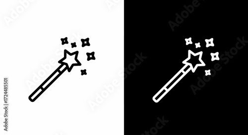 Magical Wand Icon: A simple yet elegant outline of a magic wand, complete with a star and sparkling effect, rendered in minimalist design against both light and dark backdrops.