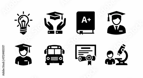 Education Icons in Black: A collection of classic educational symbols, skillfully arranged on display, each representing key elements of learning and academic progress.