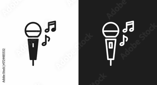 Singing Microphone Icon: A captivating monochrome illustration of a classic microphone with musical notes, perfect for representing music, audio, and sound.