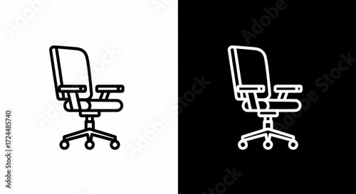 Office Chair Icon on Contrasting Backgrounds: An icon of an office chair is featured in a symmetrical composition set against both a black and white backgrounds.