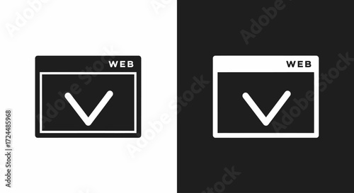 Web Browser Confirmation: A minimalist web browser window icon, presented in both black and white, highlighting a checkmark signifying approval and success.