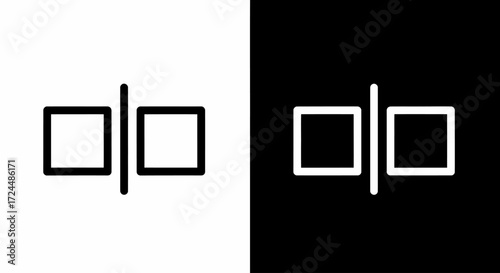 Divided Icons: A minimal pair of square icons each bisected by a vertical line, starkly contrasted between black and a white background, representing duality and separation.
