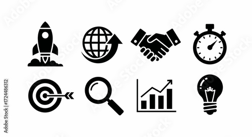 Icons of Innovation: A collection of modern vector icons representing business concepts, including a rocket, globe, handshake, stopwatch, target, magnifying glass, graph, and light bulb.