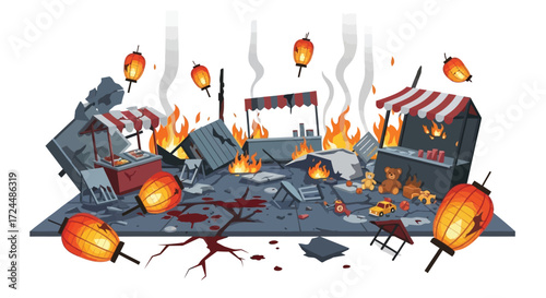 Devastated Market Scene with Burning Stalls Lanterns and Scattered Debris.