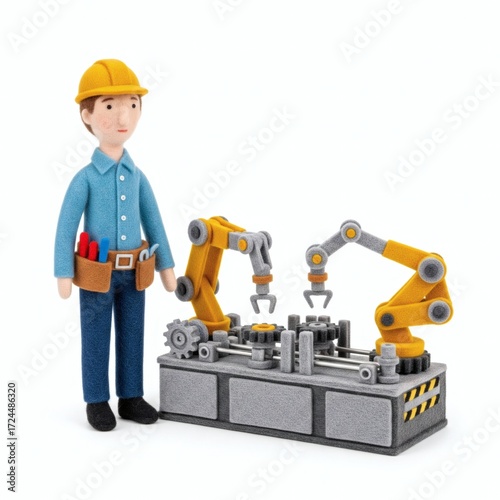 felt engineer or factory worker with automated robotic arms on an assembly line
