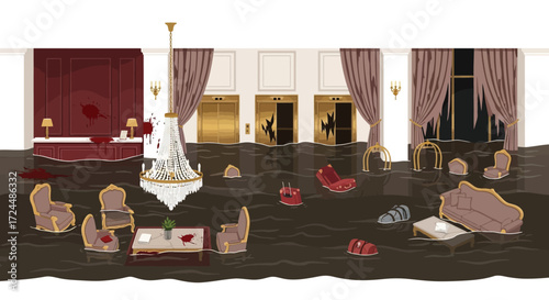 Flooded Luxury Hotel Lobby with Bloodstains and Damaged Furnishings.