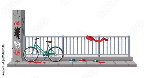 Crime Scene Depiction Bicycle Graffiti Shoes and Red Ribbon on Sidewalk.