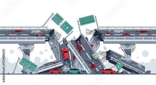 Collapsed Highway Overpass with Damaged Cars and Road Signs After a Disaster.