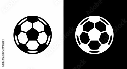 Soccer ball icon on black and white: A dynamic graphic showcasing a soccer ball icon, presented in both contrasting black and white settings to visually illustrate the sport's essence and design.