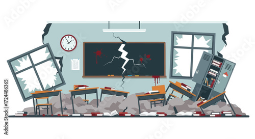 Devastated Classroom Scene with Cracked Blackboard and Overturned Desks.