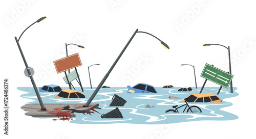 Urban Flood Scene with Submerged Vehicles and Debris.