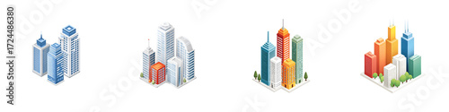 Isometric Cityscape Icons Set - Colorful Buildings and Skyscrapers
