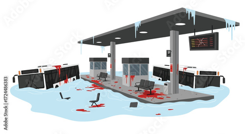 Flooded Bus Station with Blood Stained Buses and Icicles.