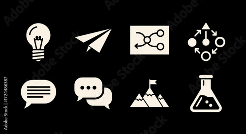 Visionary Concepts in Business: A curated arrangement of minimalist, icon-style visuals capturing key business strategies, innovation, communication, and achievement against a sleek backdrop.