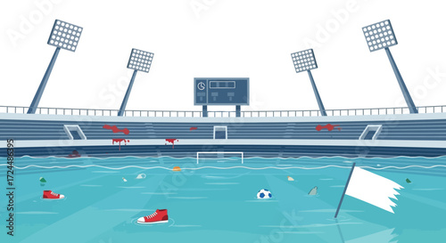 Surreal Soccer Stadium Scene with Flooded Field and Blood Stains.