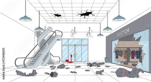 Devastated Shopping Mall Interior with Damaged Escalator and Broken Storefront.