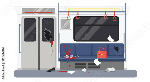 Crime Scene in Subway Car with Broken Window Blood and Scattered Belongings 1.