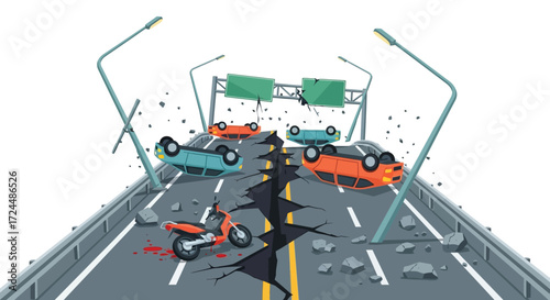 Earthquake Aftermath Cars and Motorcycle on Cracked Highway.