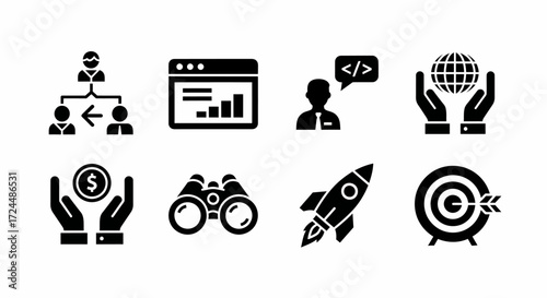 Strategic Icons: A collection of minimalist icons symbolizing the core pillars of successful strategic initiatives, including organizational structure, market analysis, global reach.