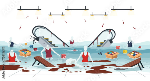Flooded Retail Store with Submerged Escalators and Mannequins.