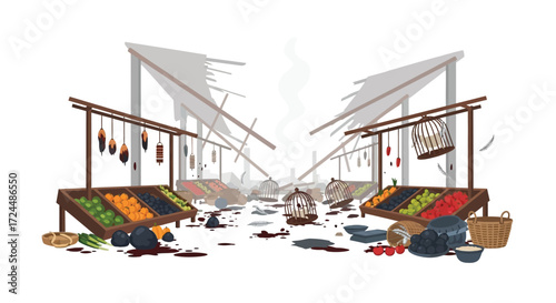 Devastated Marketplace with Scattered Produce Empty Birdcages and Ruined Stalls.