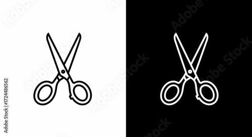 Scissors Symbol on background: A stark, minimalist vector illustration of scissors against contrasting backgrounds, creating a visually impactful representation of sharpness and precision. 