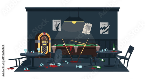 A Desolate Bar Scene of Broken Glass and Spilled Blood.