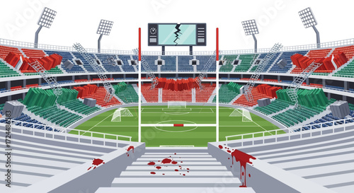 Damaged Stadium After a Violent Event with Bloodstains.