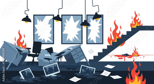 Office Inferno A Destructive Scene of Fire Debris and Broken Windows.
