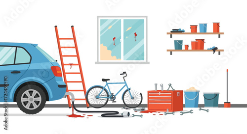 Messy Garage with Blue Car Bicycle and Red Tool Chest.