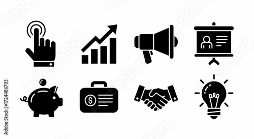 Business Icons: An array of meticulously crafted business icons, rendered in a sleek black-and-white style, representing a spectrum of professional concepts and themes.