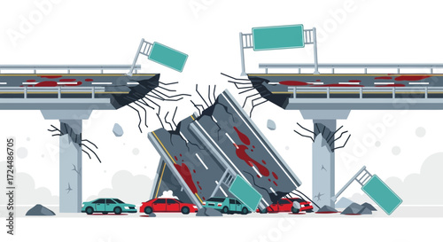 Collapsed Bridge with Damaged Pillars and Cars.