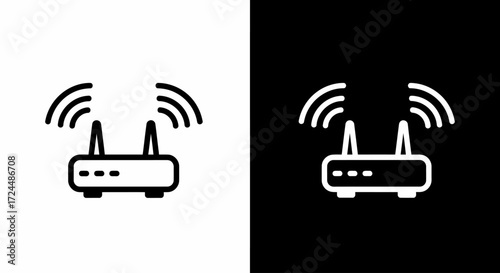 Wifi Router Icons: Minimalist, high-contrast, line art illustrations of a Wifi router with signal waves, offering a clean and modern representation of wireless technology and internet connectivity. 