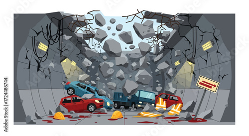 Collapsed Tunnel Cars Crushed by Falling Rocks Disaster Scene Depicted.