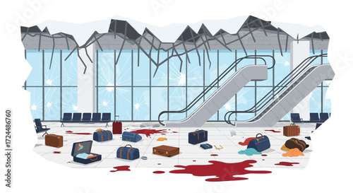 Airport Terminal Disaster Scene with Broken Windows and Bloodstains.
