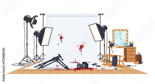 Crime Scene Shattered Camera Broken Mirror and Blood Splatters in a Studio.