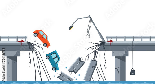 Collapsed Bridge with Cars and a Lamppost in a Dramatic Accident Scene.
