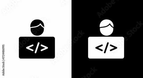 Coding Icon: A conceptual illustration depicting a coder at work. The image conveys the essence of programming and software development, ideal for tech-related projects. 