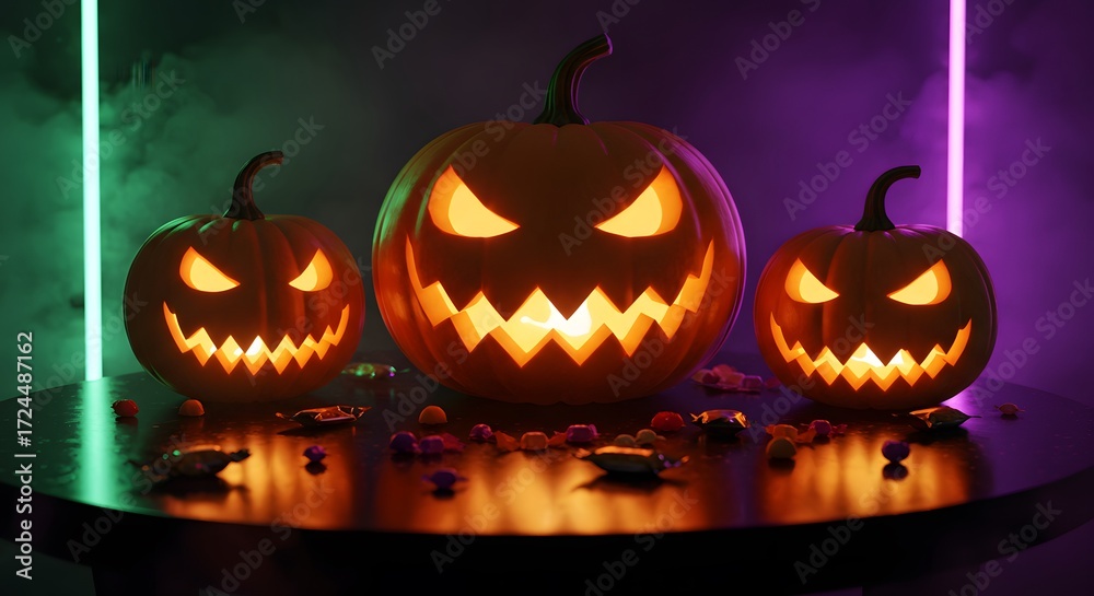 Fototapeta premium Spooky Halloween Jack-o'-Lanterns with Candy on Table